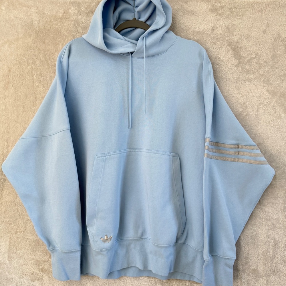 Adidas Oversized Hoodie Mens XXL Powder Blue Trefoil Y2K Streetwear Unisex